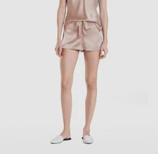 $175 Natori Women's Beige Tie Lined Key Silk Satin Shorts Sleepwear Size M