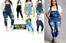 Women's Plus Size LONG  SHORTS Overalls Jumpsuit Distressed Stretch Denim Jeans