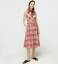 New J Crew Green Pink Pastel Plaid Ruffle Sleeveless Neck Tie Shirt Dress 2