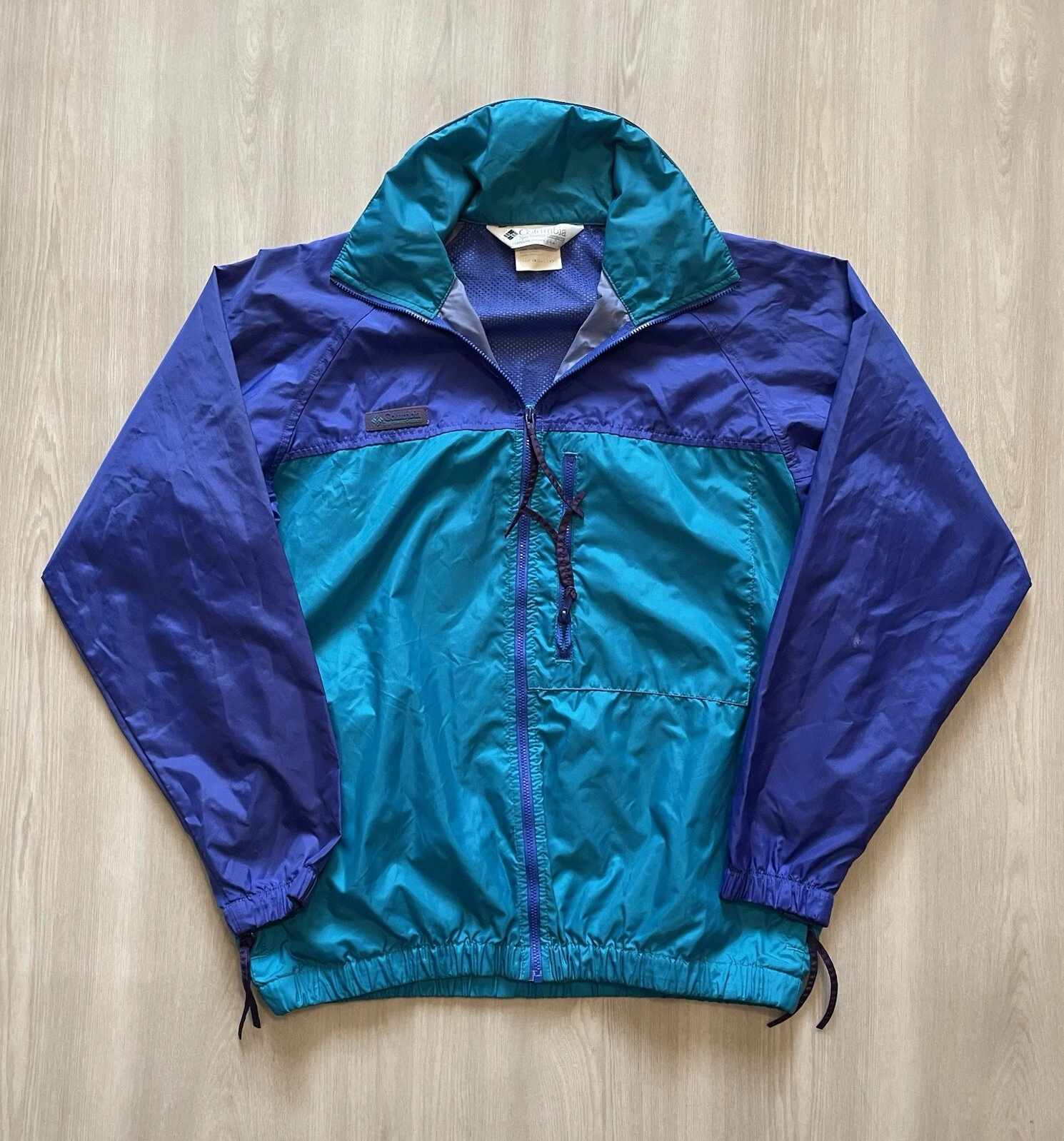 Vintage Columbia Windbreaker Rain Jacket Purple Teal Black w/ Hood Womens Small