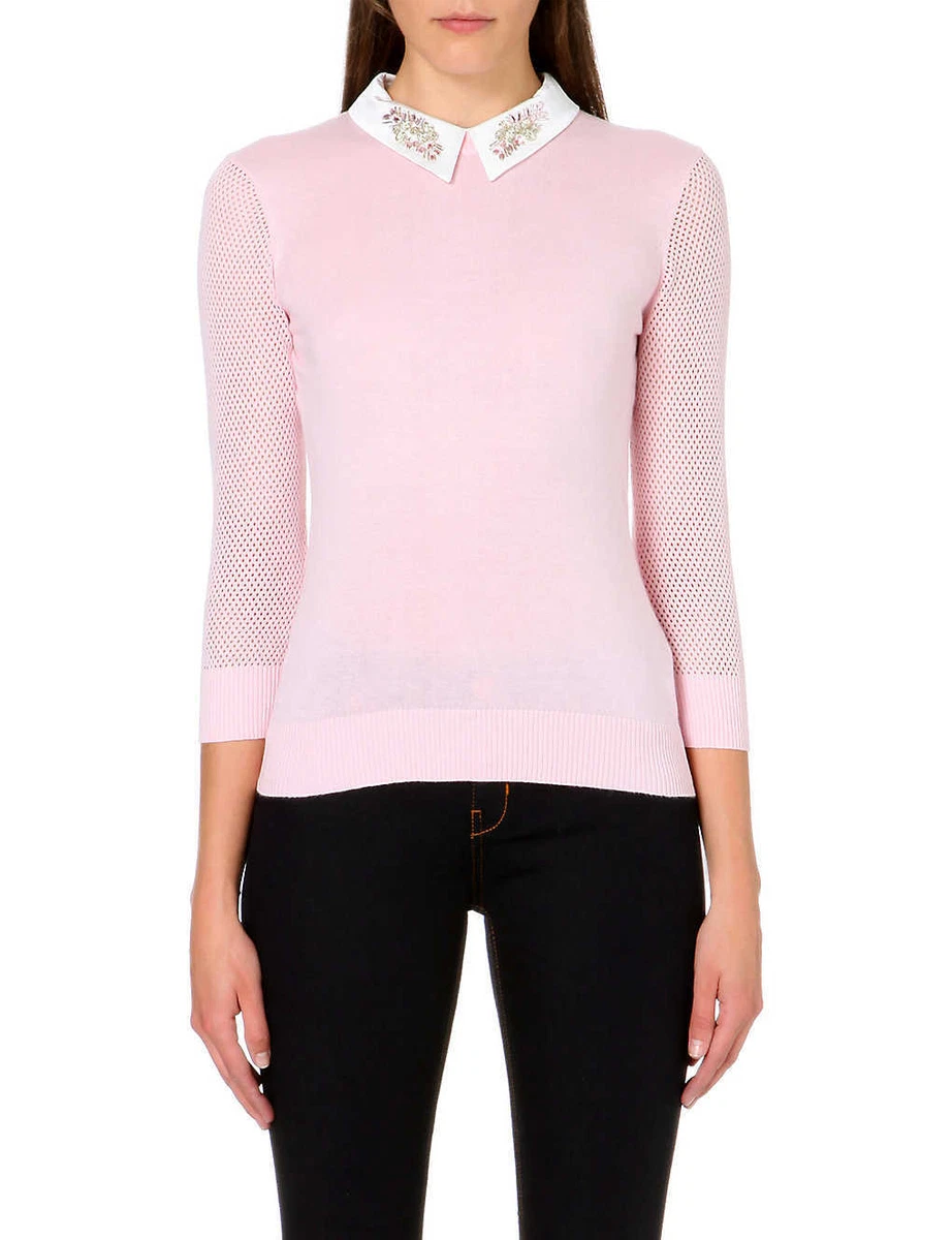 TED BAKER Helane crystal jewel embellish silk collar knit sweater