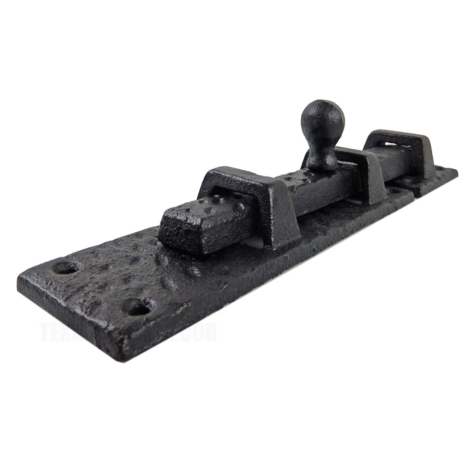 Pestillo de puerta de perno deslizante de barril de hierro fundido grande aspecto martillado resistente negro Foto 4 de 4