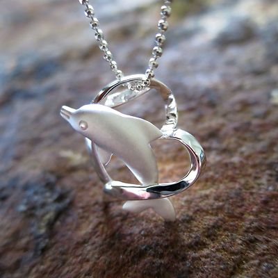 Dolphin Heart Hawaiian Genuine Silver Pendant Necklace Christmas Gift # SP30101