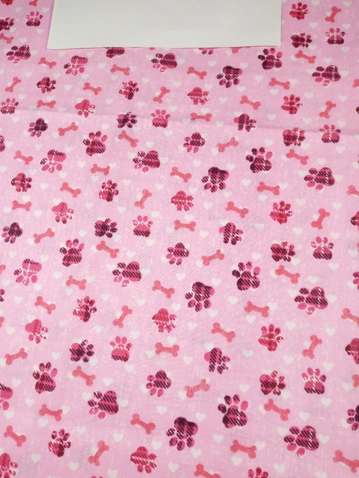 Joann Fabrics Pink with Paw Prints/Bones/Hearts 1 Yard + 32" x 44" NEW - Image 1 of 3
