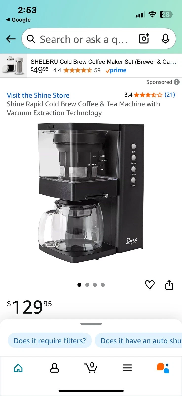 Shine Rapid Cold Brew 5-Cup Coffee Maker and Tea Machine