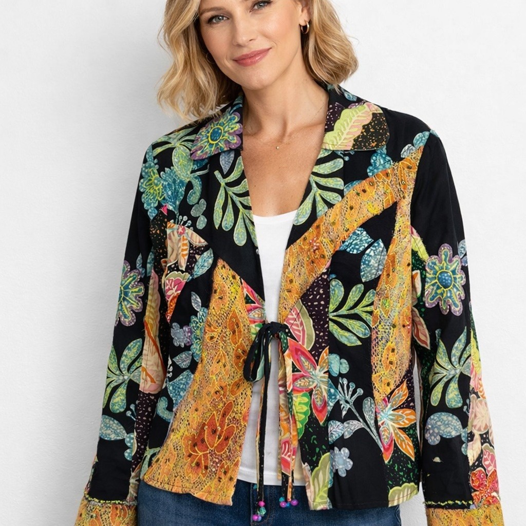 Sandy Starkman Patchwork Jacket Boho Tie Front Em… - image 1