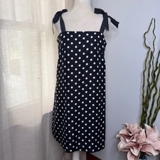 NWT J.Crew Polka Dot Dress Tie Shoulder Silk Linen Blend Navy Women's Size 8