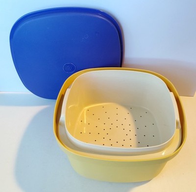 Tupperware Steam N Store 3-Piece Square Microwave Steamer - Gold & Blue #888