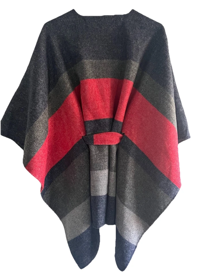 Jaqueta poncho cinto Gap S/M mistura de lã vermelho azul cinza com cinto - Imagem 2 de 4