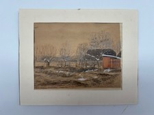 Acquerello 1954 Henrik Müller paesaggio con vecchia casa e alberi in inverno