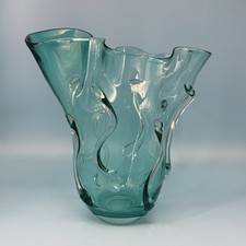 Murano Style Teal Blue Ruffled Art Large Vase Swirled Blown Glass