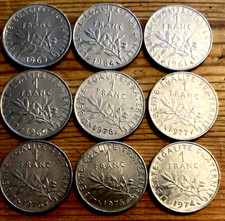🇫🇷 Lot Coins 9 x 1 Franc France 9 Different Years 1960-1978 Lot