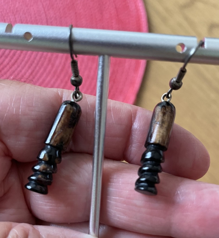 Vtg Pair of Wooden Handcrafted Earrings Drop Hook Fastener Pierced 1" Long Brown