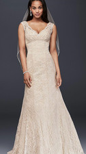 David's Bridal All Over Beaded Lace Trumpet Wedding Dress Size 10 Ivory