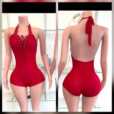 Red Halter Neck Lace-Up Women's Bodysuit One Piece Strap Wireless