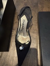CHANEL Slingback Heels Black Pointed Toe Charm Accent Women's Shoes Size 37