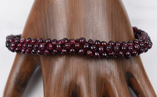 Sterling Silver 925 Genuine Garnet Semi-Round Beaded Woven Bracelet 8-1/2" 1.2g - Picture 2 of 9