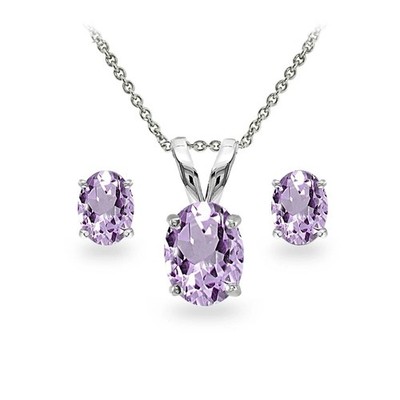 Sterling Silver Amethyst Oval-cut Solitaire Necklace and Stud Earrings Set