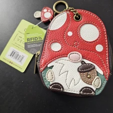 NEW CHALA BROWN RED GNOME RFID COIN PURSE KEYCHAIN ZIPPERED WALLET FAUX LEATHER