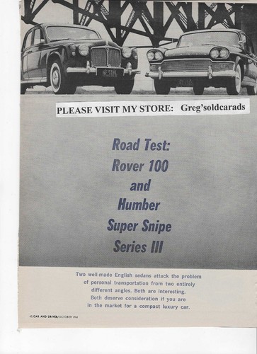 1961 Rover 100 and Humbe Super Snipe 4  page vintage road test, like a print ad