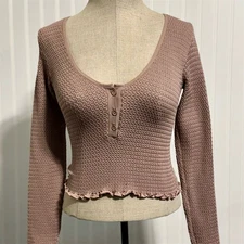 Intimately Free People Top M/L Mauve Textured Seamless Henley Crop Balletcore