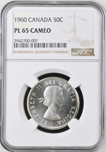 :1960 50C SILVER HALF DOLLAR ELIZABETH-II CANADA NGC PL65CAM RARE R6 HIGH-GRADES