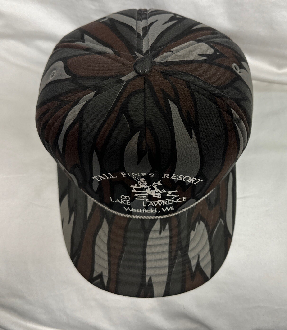 Vintage 80s 90s San Sun Tall Pines Resort Lake Lawrence Foam SnapBack Camo Hat