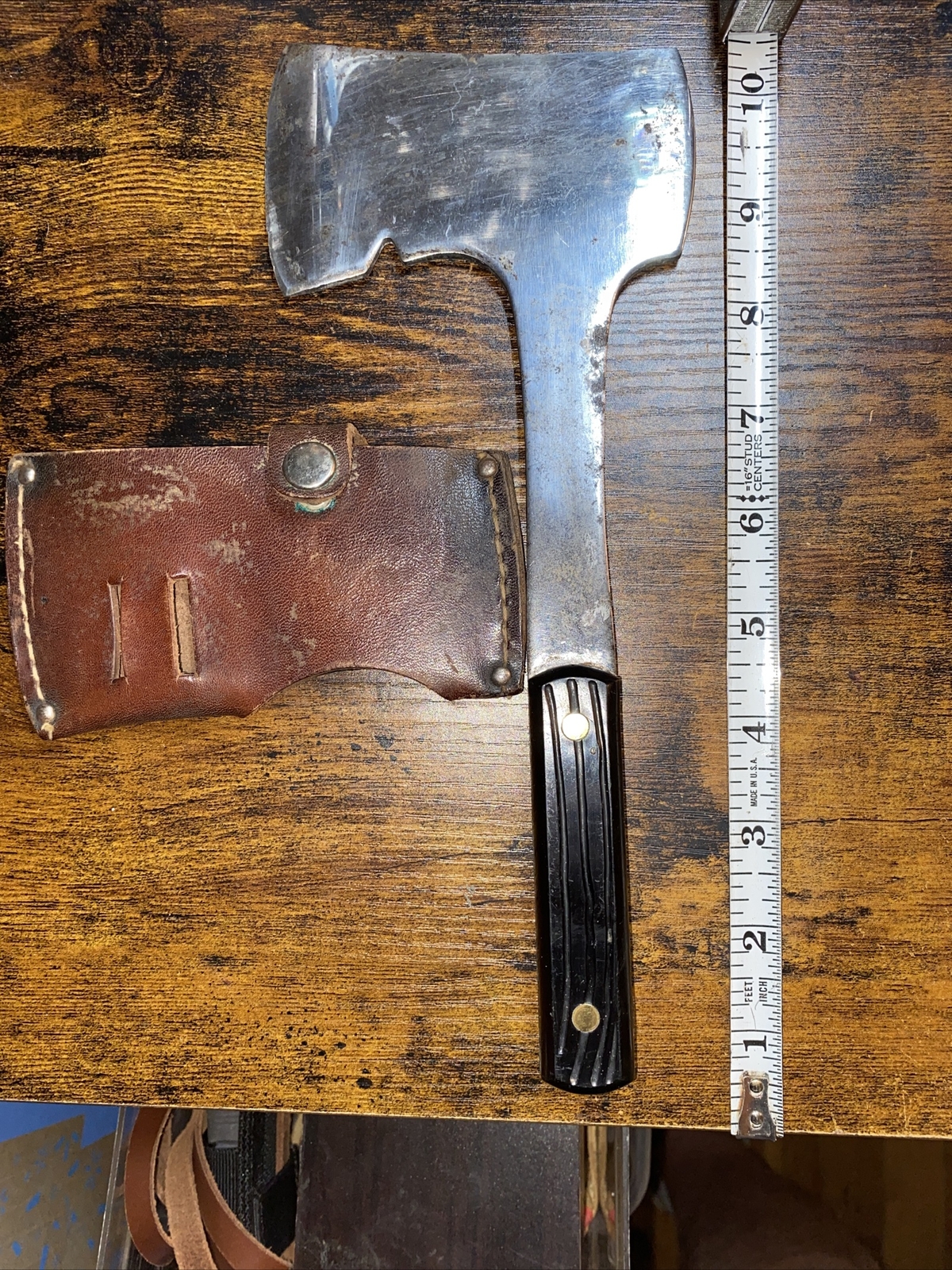 1940s Camping Hatchet Axe Bakelite Handles w/ Sheath, MakerImperial