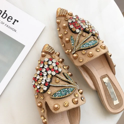 Sandalias planas de diamantes de imitación para mujer Sandalias con punta Mocasines sin cordones Zapatos de mula Foto 3 de 4