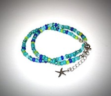 Beach Blue Ocean Glass Beaded Necklace Adjustable Starfish Accent