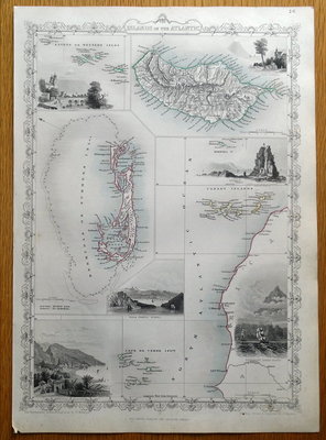 ATLANTISCHE INSELN, BERMUDA, MADEIRA, KANAREN, RAPKIN & TALLIS antike Karte um 1850