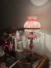 Vintage Milk Glass Table Lamp With Crystals hanging 17” Tall Victoria Style