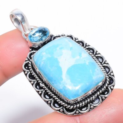 Larimar, Blue Topaz Gemstone 925 Sterling Silver Pendant 2.2