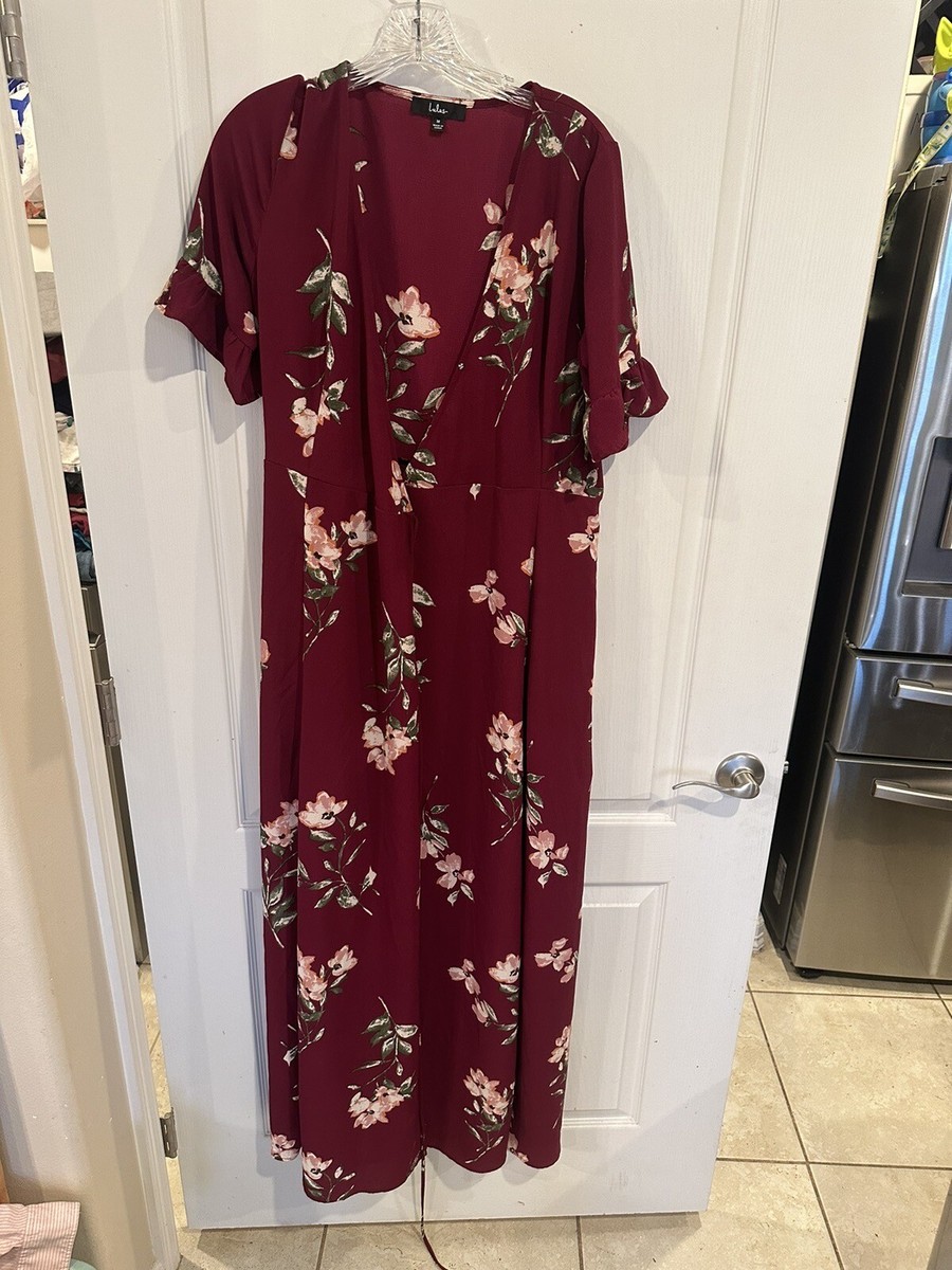 september sunsets burgundy floral print wrap maxi dress Lulu's September Sunsets Burgundy Floral Print Wrap Maxi Dress Size Medium