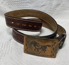 VTG Sears Tooled Leather Cowboy Belt w/ Galloping Horse Belt Buckle SZ L 42-44