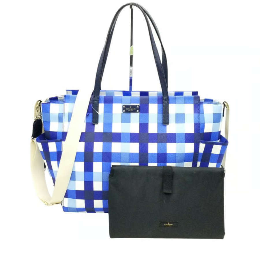 Kate Spade Adaria Blue White Gingham Coated Vinyl Diaper Bag W/Change Pad