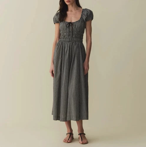 Damen Midikleid Doen Kariert Puffärmel A-Linie - Bild 2 von 13