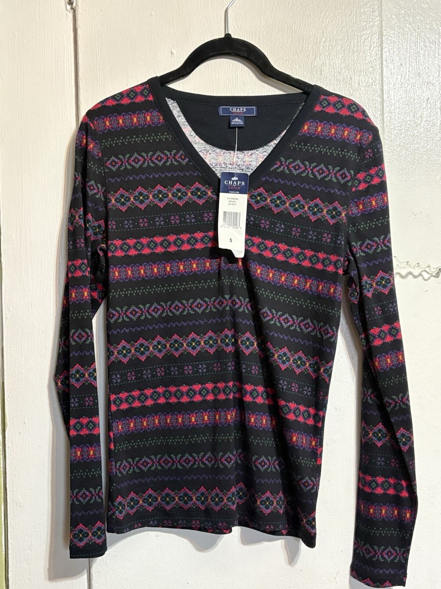 Chaps Henley T Shirt Womens Black Nordic Geometric Aztec Print