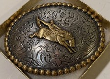 Vintage Metal Belt Buckle, Brass and Silver, Bronco Busting, Horse Riding, Cow
