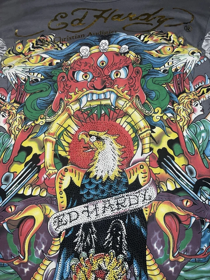 复古 Ed Hardy by Christian Audiger 全印花水钻金色长袖 — 第 3/4 张图片