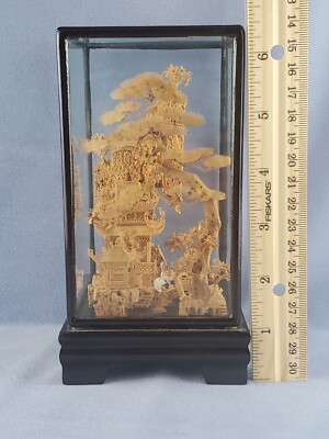 Highly Detailed CORK SCULPTURE SCENE in Glass Case Bonsai Trees Pagoda Cranes