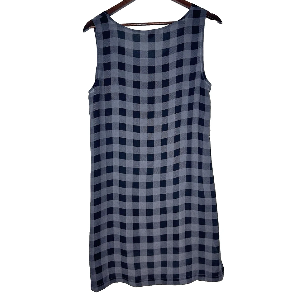 Túnica de seda Eileen Fisher M negra gris búfalo a cuadros sin mangas dobladillo largo alto Foto 3 de 4