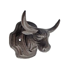 Cast Iron Western Bull Head Steer Double Wall Hook Coat Towel Purse Hanger Brown