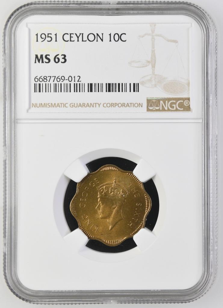 Ceylon 10 Cents 1951 NGC MS 63