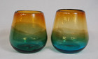 Set of 2 Artisan Handblown Ombre Blue Tan Stemless Wine Glasses Heavy