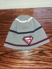 Superman Boys Kids Grey Striped Reversible Beanie Hat One Size