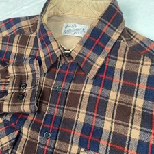 Vintage Sears Roebuck Plaid Wool Blend Flannel Shirt Brown Blue Mens Large