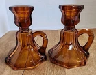 Vtg Pair Anchor Hocking Desert Gold Glass Chamber Candlestick  Holders 4.5" Tall