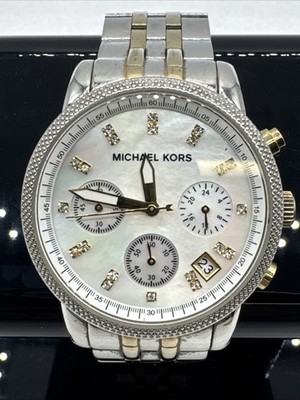 Michael Kors Ladies Gold & Silver Chronograph Watch MK5057 Mother of Pearl Face