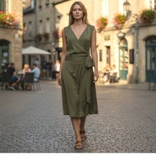 Banana Republic Dress Size 8 Olive Green Sleeveless V-Neck Wrap Tencel